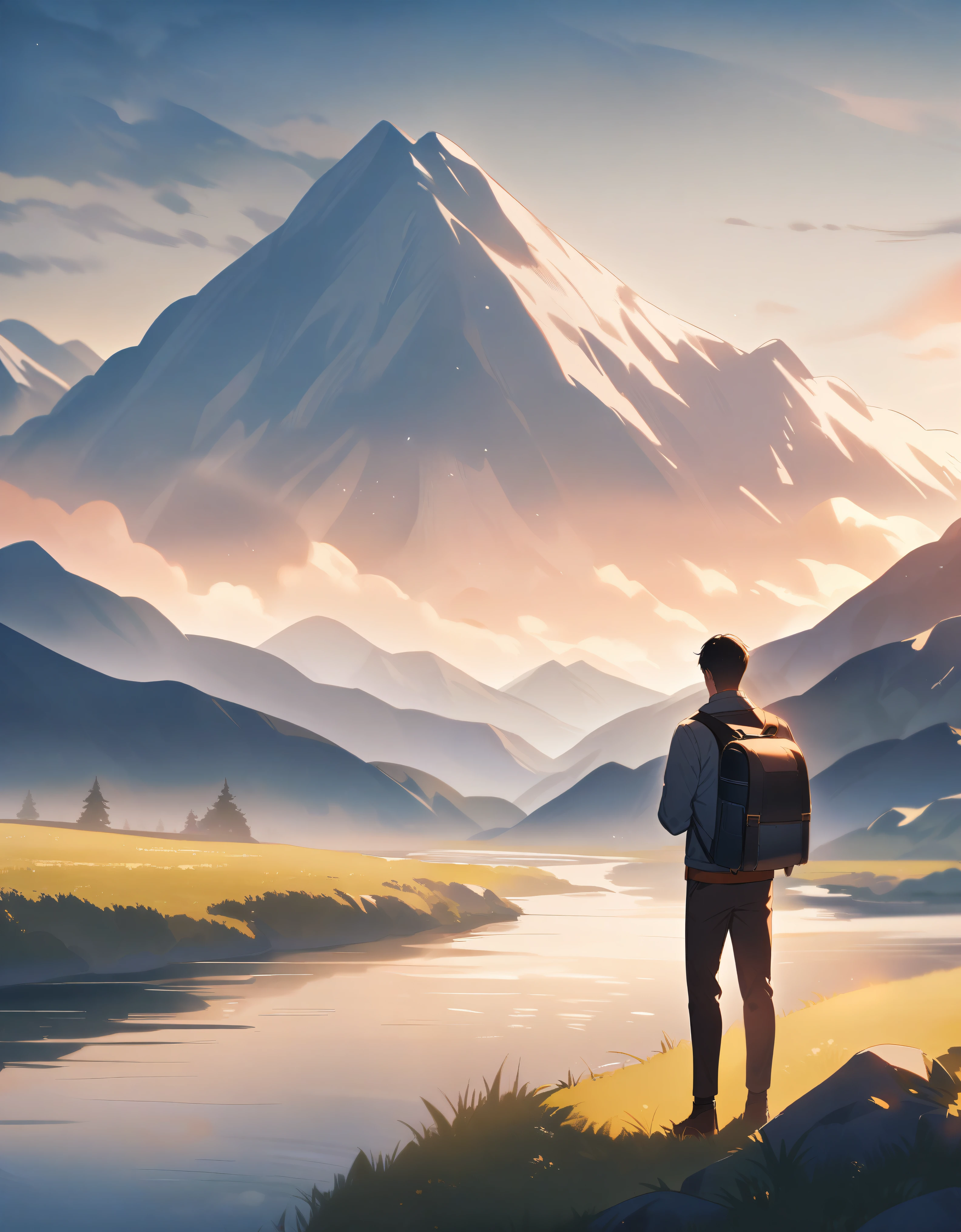 Mountains,River,a man with a backpack stands in the foreground with his back turned