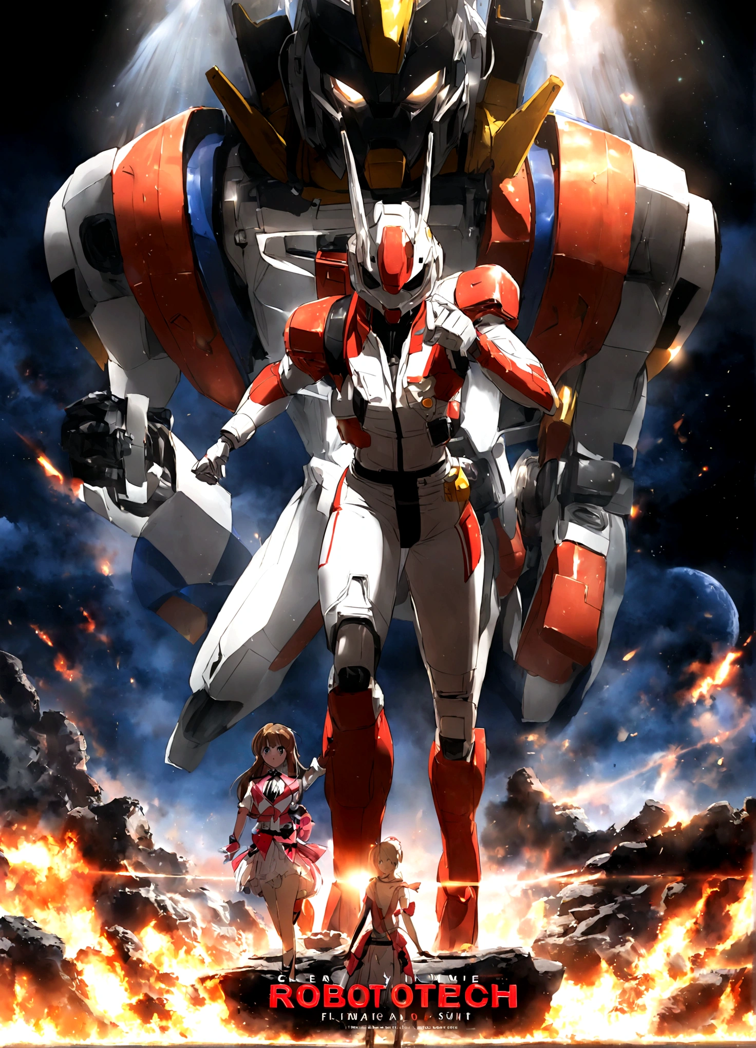 Robotech, Rick Hunter (pilot suit) and Lynn Minmei (j pop idol outfit) with a Veritech fighter in robot mode standing in the background, movie poster
