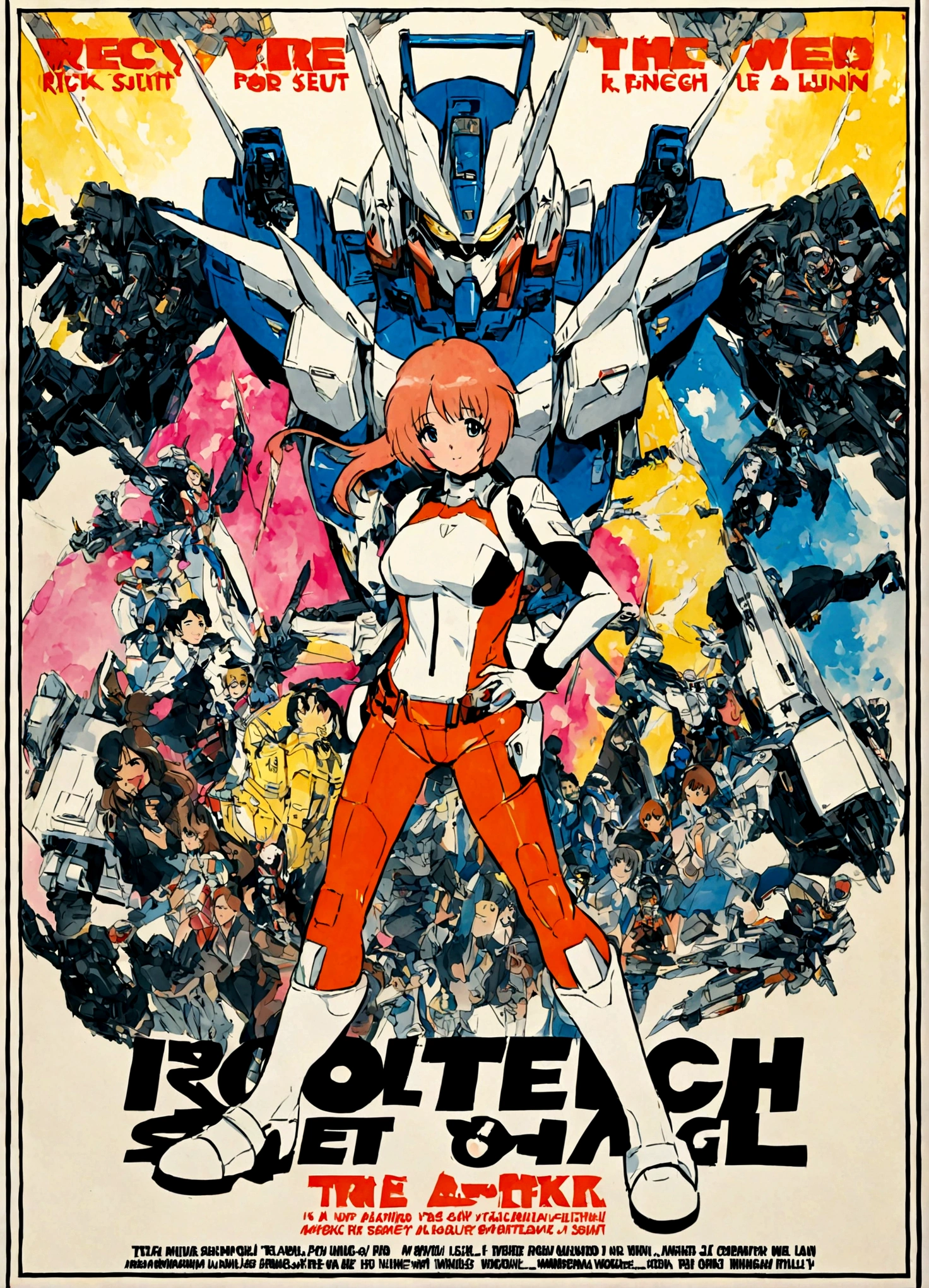 Robotech, Rick Hunter (pilot suit) and Lynn Minmei (j pop idol outfit) with a Veritech fighter in robot mode standing in the background, movie poster