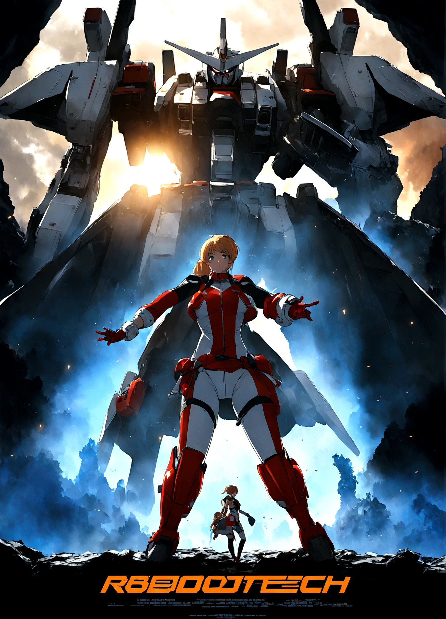 Robotech, Rick Hunter (pilot suit) and Lynn Minmei (j pop idol outfit) with a Veritech fighter in robot mode standing in the background, movie poster