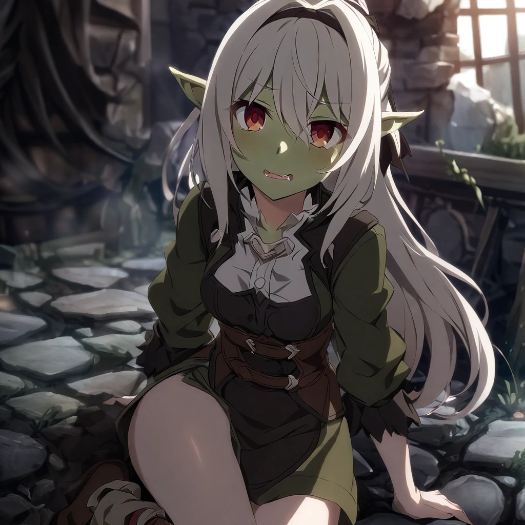 1girl, elf, green wavy hair, from above, medium breasts, suspended by arms, head down, POV, from the side, (dirty, bruise:1.2),  cave floor, multiple boys, goblins, tiedup, rope,