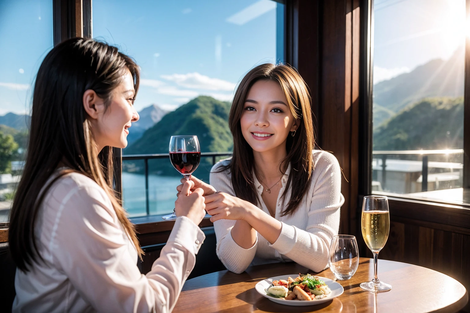((Highest quality、8K、masterpiece:1.3))、1 male、1 female、spouse、Beautiful couple、smile、 (Slim face), (the body is スリム), (Brown Hair), (Shortcuts), ((Bob Hale、Straight hair:1.2)), テーブルの上のwine glass、Please shine a light on my face、 Amazing view of the sunset sky and clouds、Amazing mountain views、smileの美しさ、Bright image、Blushing, Shortcuts,Bright Face、 age), 39 age, red wine 、Appetizers、Italian food、Wine bottle、Champagne、sparkling wine、Long sleeve shirt、dress、Attractive beauty、restaurant, Nova Frog Style, actress, model, Upper Body, White wine, red wine, wine glass,