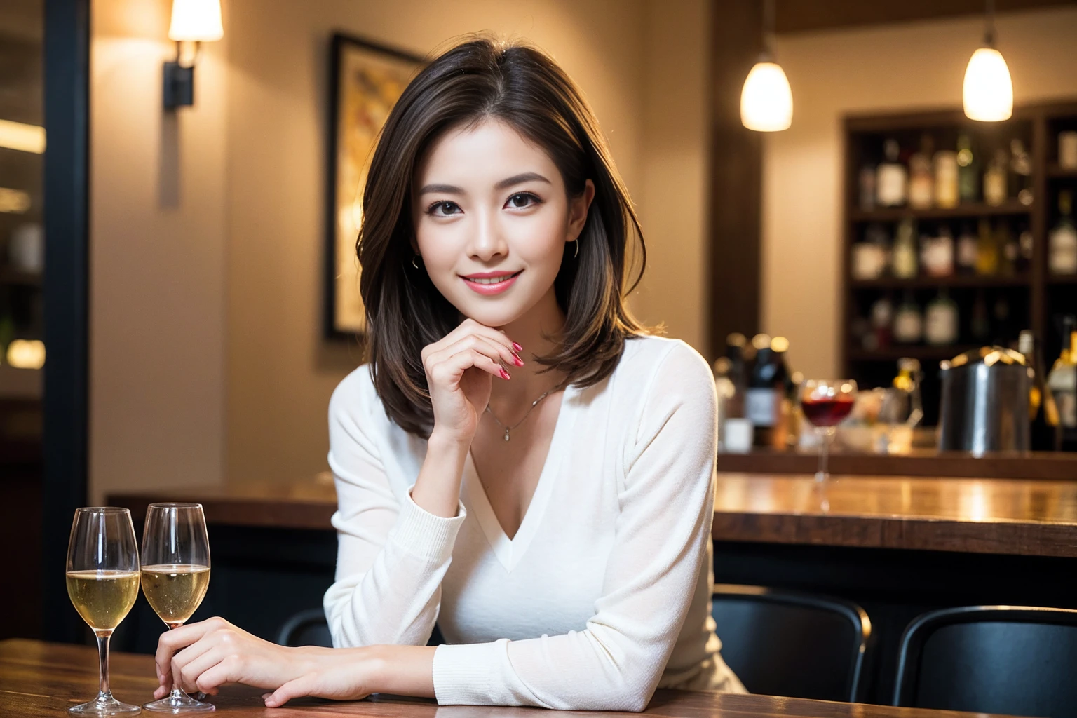((highest quality、8k、masterpiece:1.3))、1 male、1 female、Couple、spouse、Couple、The body is slim、((Bob Hale、Straight hair:1.2)), (Realistic, Intricate details:1.2), テーブルの上のwine glass、Shine light on your face、 Amazing view of the sunset sky and clouds、Amazing mountain views、A bright smile、The wonderfulness of smile、Bright image、The beauty of wine, Beautiful Face, blue eyes, The light shines on your face, Blushing, short hair,Bright Face、 (Age 37), 39 years old, red wine 、Appetizers、Italian food、Wine bottle、Champagne、sparkling wine、Two beauties、Brown Hair、Shortcuts、Long sleeve shirt、dress、Pretty Woman 1, (slimな顔), (The body is slim), (Brown Hair), (Shortcuts), cheeks turn a little red,Attractive beauty、restaurant, In a prominent place (From the waist up) Nova Frog Style, actress, model, Upper Body, White wine, slim, wine glass, 中央に置かれたwine glass, smile, (smile: 1.15), Beautiful fine grain, Depth f/2,saturation, High Contrast, Strong light and shadow,Moist Body:1.5、3D texture、Delicate eyes、Brown Hair、The hair is very shiny、