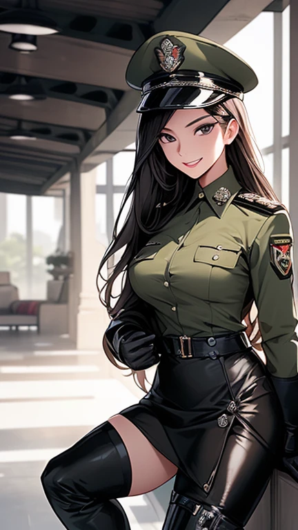 (Highest quality,Highest quality)、Female Officer、female soldier、uniform、Uniform cap、Mature Woman、NCO、Fallen into evil、female cadres、Exquisite breasts、Bewitching Smile、Villainess、Wicked Smile、latex、Long gloves、Thigh-high boots、Tight Skirt、slit、Strong gloss、Beautiful feet、lure、Venus flytrap、Fascinating