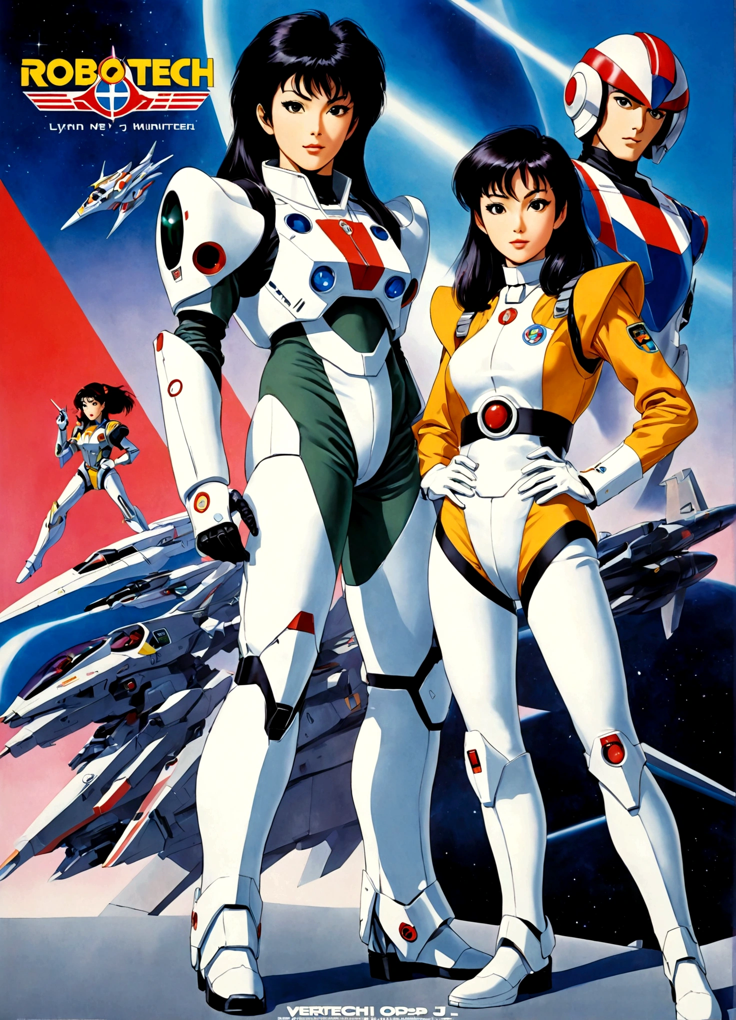 Robotech, Rick Hunter (pilot suit) and Lynn Minmei (j pop idol outfit) with a Veritech fighter in robot mode standing in the background, movie poster