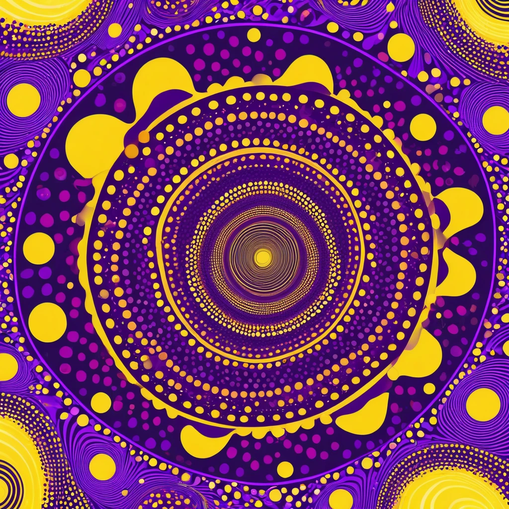 a purple and yellow background with boundary and dots, purple and yellow, yellow purple, concentric boundary, Vortex Magic Ripples, and purple hues, conjuring Psychedelic Background, Psychedelic Background, 70s psychedelic style, Seamless pattern design, Purple and gold color scheme, boundary, Circular background, Gold and purple, neon boundary, pattern art