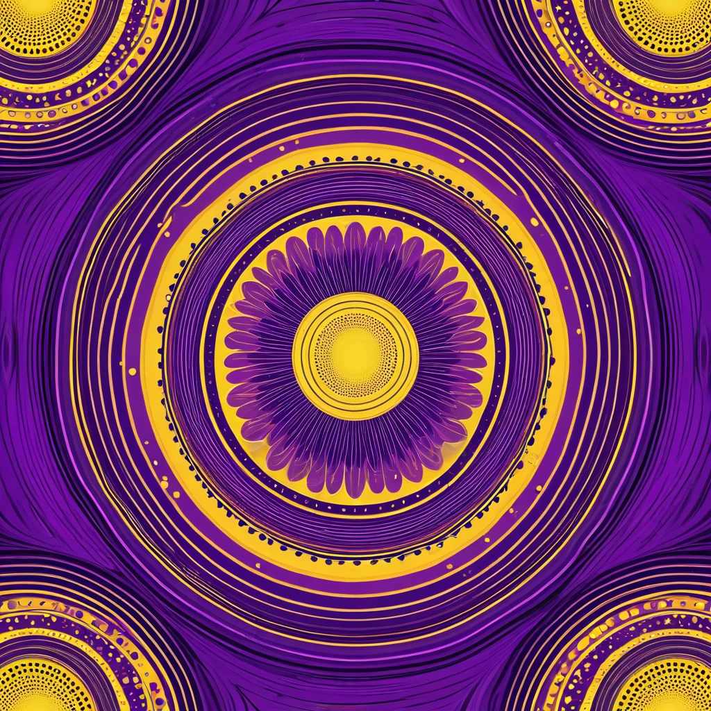 a purple and yellow background with boundary and dots, purple and yellow, yellow purple, concentric boundary, Vortex Magic Ripples, and purple hues, conjuring Psychedelic Background, Psychedelic Background, 70s psychedelic style, Seamless pattern design, Purple and gold color scheme, boundary, Circular background, Gold and purple, neon boundary, pattern art