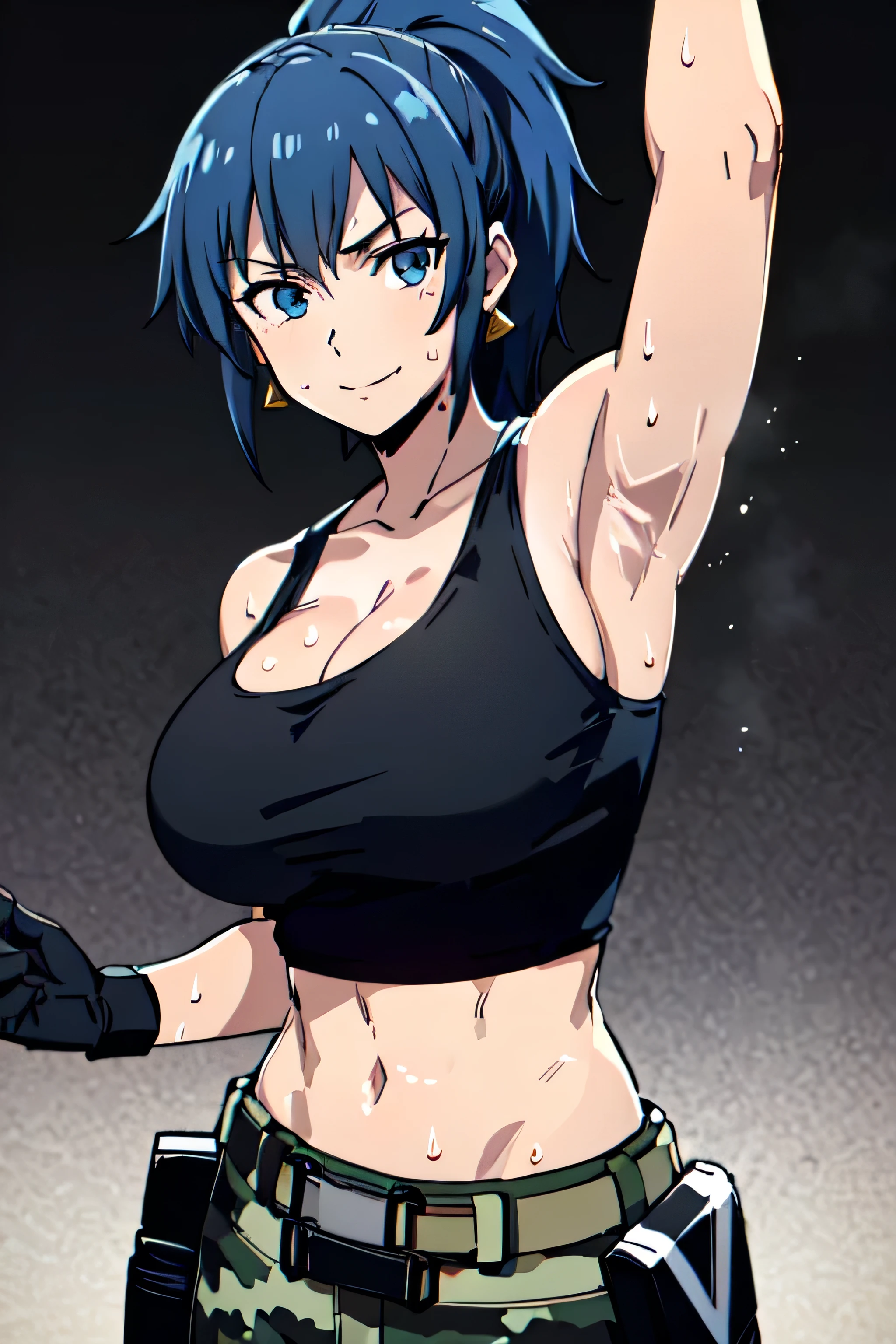 LEONA HEIDERN, BLUE EYES, BLUE HAIR, PONYTAIL, TANK TOP, CAMOUFLAGE PANTS, JEWELRY, CLEAVAGE, CAMOUFLAGE, BARE SHOULDERS, LARGE BREASTS, CROP TOP, POUCH, BANGS, BELT, EARRINGS, SLEEVELESS, MIDRIFF, LONG HAIR, TRIANGLE EARRINGS, BLACK GLOVES, 1girl, solo, upper body, facing viewer, (looking at viewer:1.5), in the center, smile
,armpits,armpit,sweat,sweaty,sweaty armpits,awesome armpits,tired,exhausted,sensual expression 