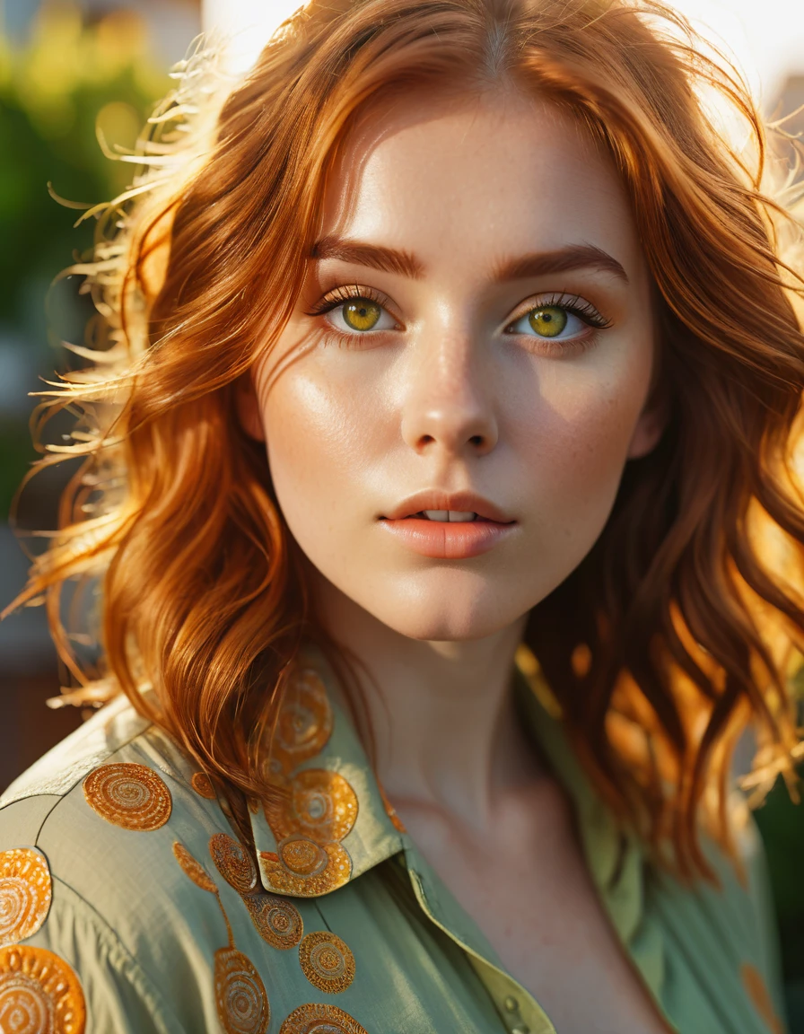 cinematic photo Cinematic image of an 18-year-old copper-haired woman with macroscopic patterns inspired by the sun. Bright hazel eyes. Highlight concentric circles, radiant sun rays and a balcony backdrop, sexy clothing, using a summery palette of warm yellows, oranges and soft greens. I would be. Look for a serene expression and warm, diffuse lighting to emphasize delicate sun-inspired textures. Photorealistic cinema, 8k UHD natural lighting, raw, rich and intricate details, key visual, atmospheric lighting, 35mm photography, film, bokeh, professional, 4k, highly detailed. Shallow depth of field, vignette, highly detailed, high budget, bokeh, cinemascope, vibrant, epic, gorgeous, film grain, grainy, cinematic photorealistic, 8k uhd natural lighting, raw, rich and intricate details, key visual, atmospheric lighting, 35mm photography, film, bokeh, professional, 4k, highly detailed, cinematic, colorful background, concept art, 8k, dramatic lighting, high detail, highly detailed, hyper realistic, intricate, intricate sharp details, octane rendering, soft, lighting study, trend in artstation. . 35 mm photography, film, bokeh, professional, 4k, very detailed, brown skin color