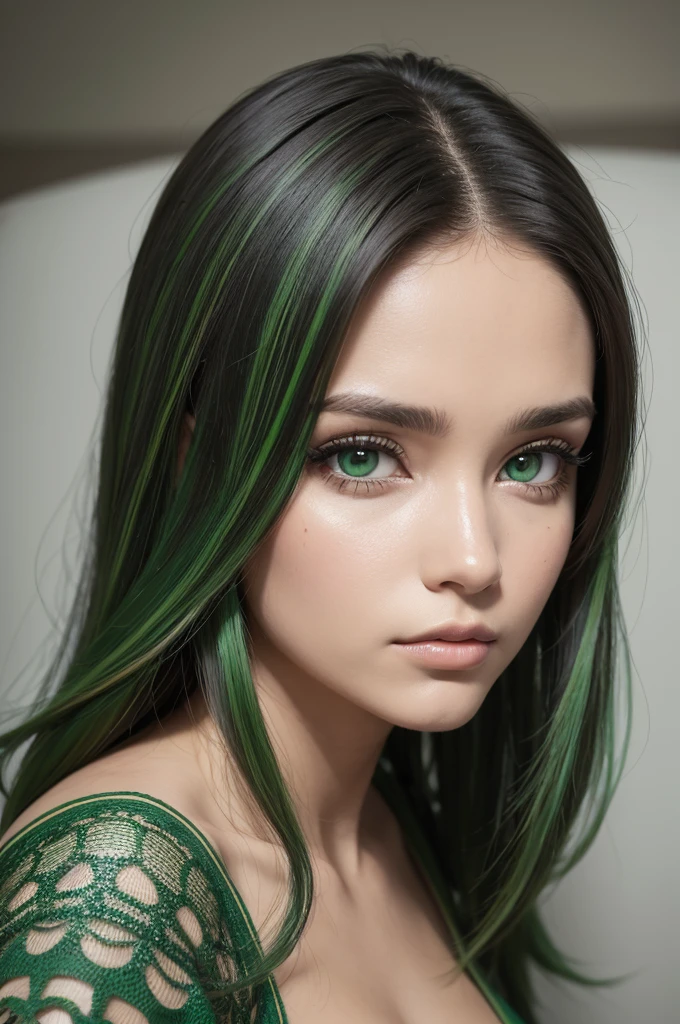 Rosto redondo, Olhos verdes pintados com delineado, Medium tone hair, pele branca, olhar baixo