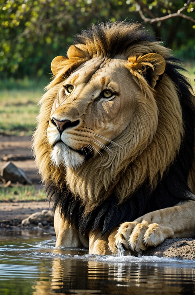 A majestic lion drinking water