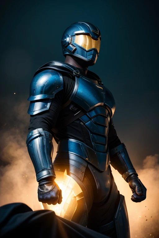 highres:1.2), ultra-detailed, realistic, superhero man, godly metal black armor with bits of blue, black cape, black gloves, black stripes on both sides of arms with blue, no logo on armor, wears a fully black astronaut helmet with golden visor, superhero base, cinematic lighting, dramatic shadows, volumetric lighting, epic fantasy, hyper detailed, majestic, awe-inspiring, heroic, powerful pose