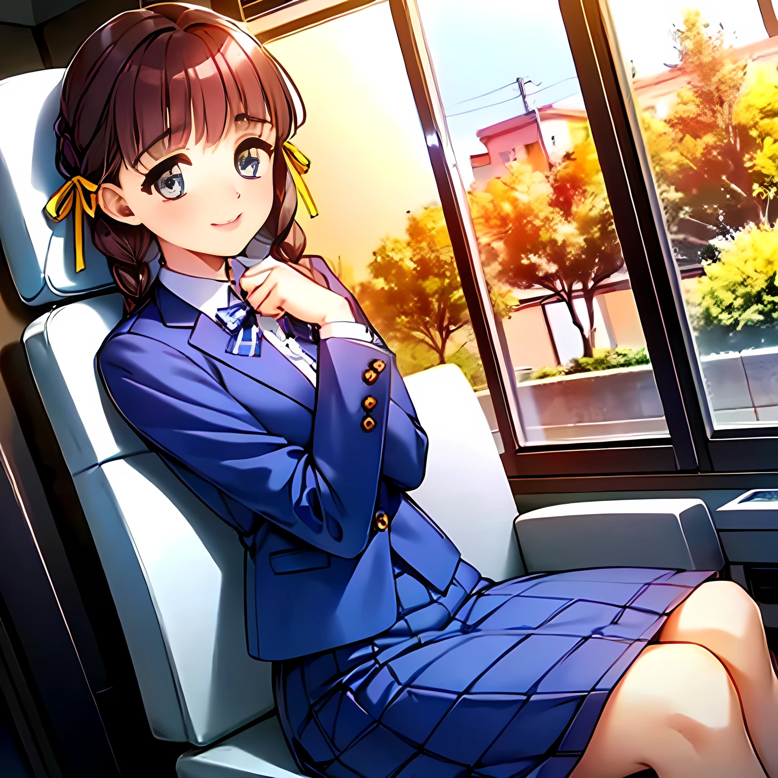 (highest quality, masterpiece:1.2), highest quality, High resolution, 1080p, 8K, Height: 158cm, ((Vivid, high-definition game CG)), ((Like a beautiful girl dreaming of a game heroine、A very intelligent, very noble, pretty and neat beautiful girl is sitting、Turning to the side and showing the most adorable smile)), He tries to hide his shocked mouth with his hands., A face that everyone loves, Glossy lips, Even bangs,  ((Very beautiful, captivating blue eyes)), The very large red shiny wide ribbon bowtie is very cute., ((Black Hair)), ((long twin braids)), (((A long, neat, dark navy blue checked pleated skirt))), (((Dark blue winter long sleeve blazer))), How to wear a neat uniform, Extremely lustrous, shiny game heroine lips, Mouth open, Ribbon in hair, Tight waist, slender, The ribbon is big and very pretty., Beautiful hair like a hair model, The background is pure white space, Long skirt