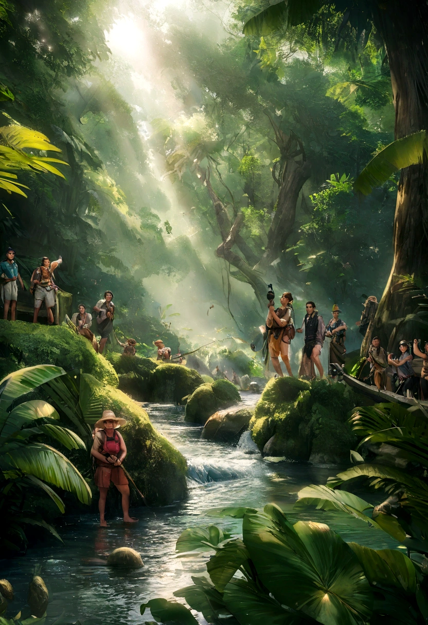 a group of friends went to the Amazon jungle to film,selva tropical,follaje denso,lush vegetation,ancient trees,sunlight filtering through the leaves,river running through the jungle,boat sailing on the river,exploradores caminando por la jungla,cameras and film equipment,aventura,exploration,naturaleza,colores vibrantes,Hermosos ojos detallados,hermosas caras detalladas,piel extremadamente detallada,realista,photorealista,4k,8k,high resolution,obra maestra,ultra detallado,vivid colors,cinematic lighting