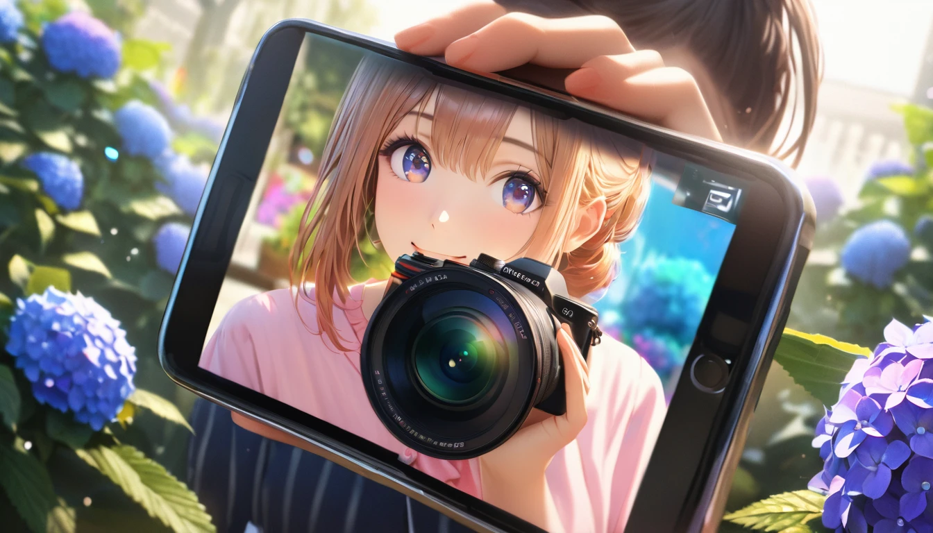 Hydrangea Park, Cute casual clothes,I have a mirrorless camera,Blur the background,High school girls,ponytail,smile,Glitter effect,highest quality, 4K, 8k, High resolution, masterpiece:1.2, Very detailed, Realistic:1.37, High resolution, 超High resolution, Ultra-fine painting, Sharp focus, Physically Based Rendering, Very detailedな説明, Professional, Vibrant colors