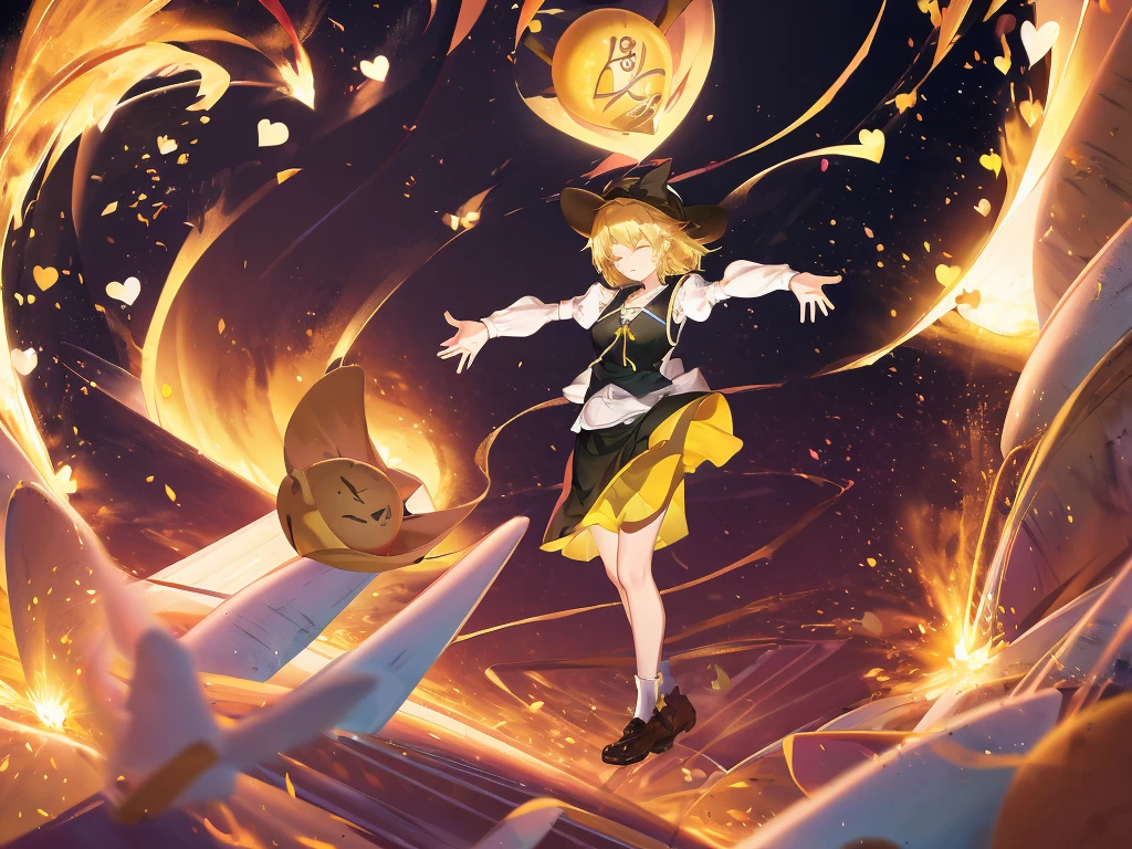 1girl, , , masterpiece, best quality, 10 years old, medium blonde hair, forehead visible bags, yellow eyes, hat, heart, black headwear, puffy short sleeves, log black skirt, heart hads,,1girl, solo, yellow eyes, yellow hair, bow, hat bow, socks, black footwear, black skirt, short sleeves, yuki (touhou), black vest, white sleeves, frill skirt, light smile, from behind, to lift up one’s skirt, cowboy shot, from front, standing , raise one leg, crossed arms, arms up behind, arms behind back, hand between legs, put hands hip, one hand on hip, forward hands, arms raised in the air, punch hands, peace sign, waving, put up index finger, sit, lie down, closed eyes, lie face down, looking back, put one hand chest, leaning forward, cleavage, close up, horizontally outstretched arms, horizontally outstretched legs, front view, front face