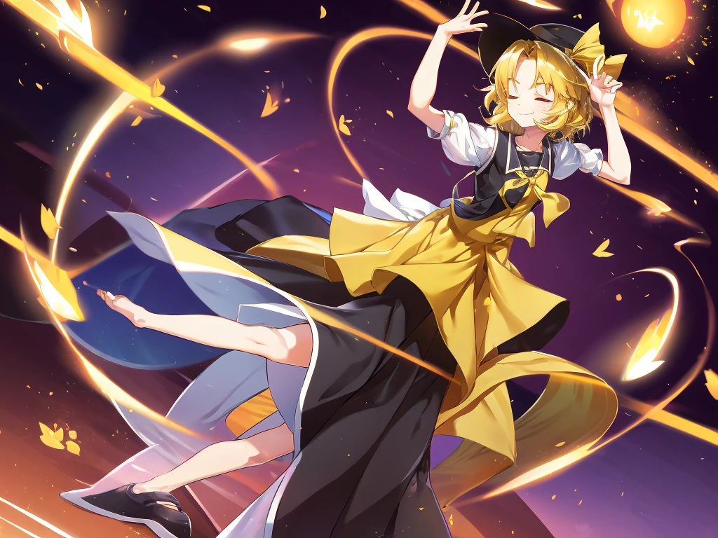 1girl, , , masterpiece, best quality, 10 years old, medium blonde hair, forehead visible bags, yellow eyes, hat, heart, black headwear, puffy short sleeves, log black skirt, heart hads,,1girl, solo, yellow eyes, yellow hair, bow, hat bow, socks, black footwear, black skirt, short sleeves, yuki (touhou), black vest, white sleeves, frill skirt, light smile, from behind, to lift up one’s skirt, cowboy shot, from front, standing , raise one leg, crossed arms, arms up behind, arms behind back, hand between legs, put hands hip, one hand on hip, forward hands, arms raised in the air, punch hands, peace sign, waving, put up index finger, sit, lie down, closed eyes, lie face down, looking back, put one hand chest, leaning forward, cleavage, close up, horizontally outstretched arms, horizontally outstretched legs, front view, front face