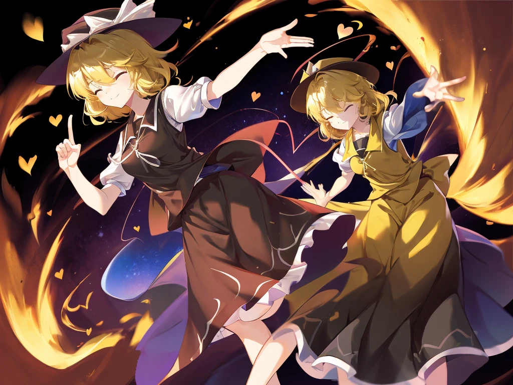 1girl, , , masterpiece, best quality, 10 years old, medium blonde hair, forehead visible bags, yellow eyes, hat, heart, black headwear, puffy short sleeves, log black skirt, heart hads,,1girl, solo, yellow eyes, yellow hair, bow, hat bow, socks, black footwear, black skirt, short sleeves, yuki (touhou), black vest, white sleeves, frill skirt, light smile, from behind, to lift up one’s skirt, cowboy shot, from front, standing , raise one leg, crossed arms, arms up behind, arms behind back, hand between legs, put hands hip, one hand on hip, forward hands, arms raised in the air, punch hands, peace sign, waving, put up index finger, sit, lie down, closed eyes, lie face down, looking back, put one hand chest, leaning forward, cleavage, close up, horizontally outstretched arms, horizontally outstretched legs, front view, front face