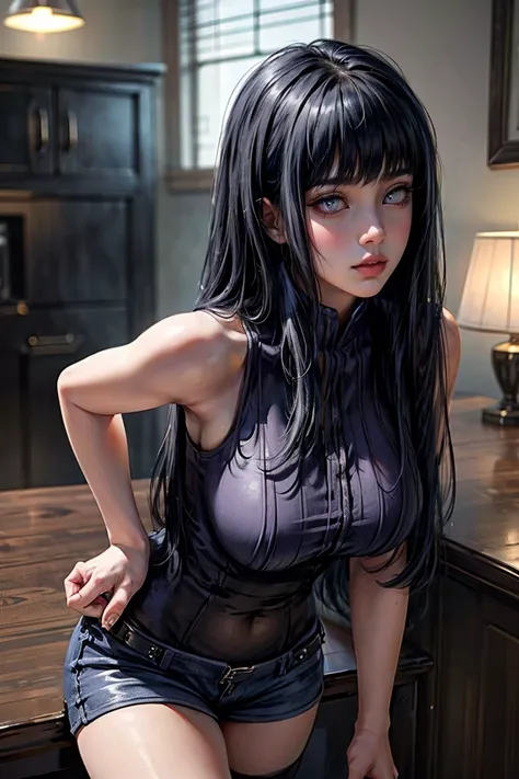 1girl, close up of face, adult, hinata hyuga, the last, shy girl, long black hair, blunt bangs, dark hair, voluminous hair, lave...