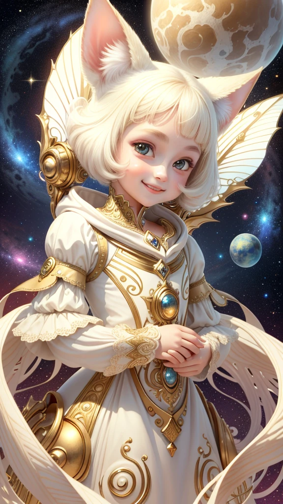 1 girl, front, face up, space background, ivory gold, psychedelic magic, cat, fairy, clean, bright, smiling, god