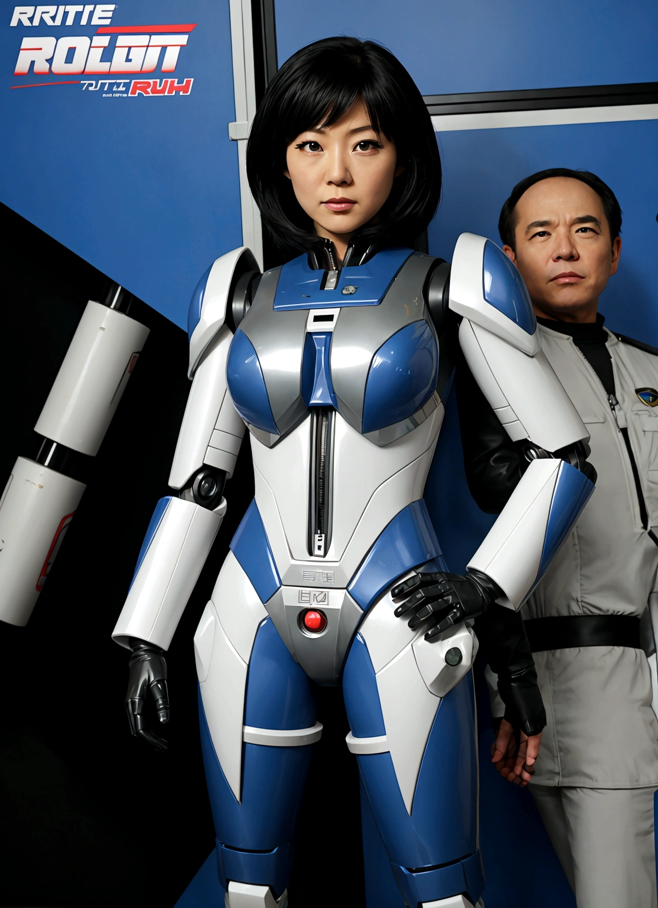 A Japanese woman in her 50s who has been modified into a robot, a silver metallic robot body with a retro design, black hair, very large breasts, a glamorous body line, mechanical ears, expressionless, a dividing line on her face, and the word "Robot" on her body. A robot-like pose with a stamp of .