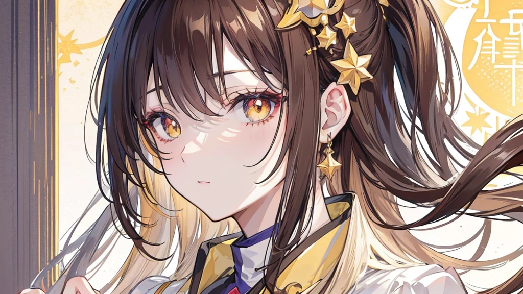 （（Anime Woman）），（gold colored hanfu clothing），( ( golden colored in the right eye) ) ( (dark gray eye in the left eye) ) ( ( star-shaped pupil in the left eye) ), ( ( dark brown hair in the half right side of hair) ), ( (light brown hair in the half left side of hair ) ), ( (split dyed hair ) ) Cangcang, style of anime4 K, detailed portrait of an anime woman, a beautiful anime portrait, Stunning anime face portrait, portrait anime woman,, 4K anime wallpaper, Anime art wallpaper 8 K, Portrait of an anime woman, star shaped eye pupil, white colored eye pupil
