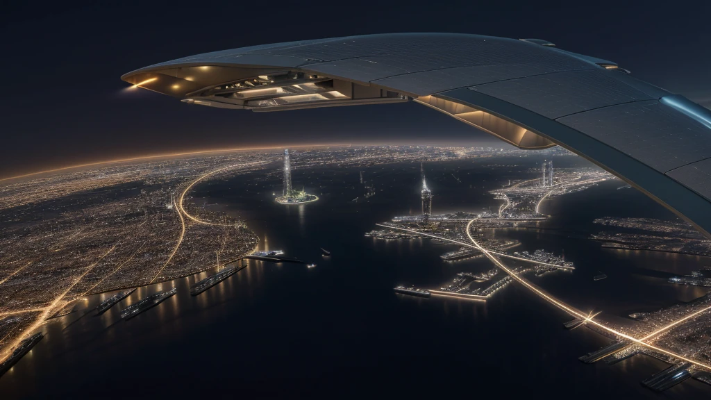Night view from the plane,futuristic city:1.3,port,Flying spaceship,Skyscraper,masterpiece,best quality,Ultra-high resolution,(Very detailed:1.2),8K,Reality,best aesthetics,beautiful,crisp