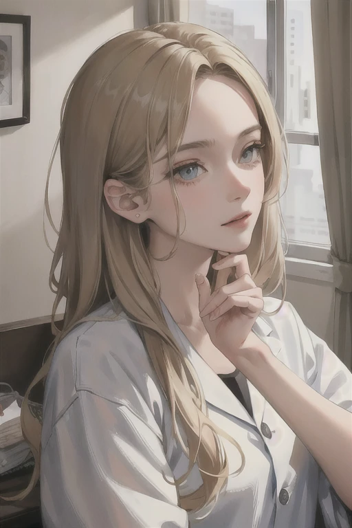 (masterpiece:1.2, Highest quality), (live-action, Intricate details), 1 Female, alone, Upper Body, casual, Long dark blonde hair, Minimal makeup, Natural materials, Close-up face, Hospital room,Has a digital metronome