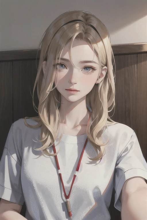 (masterpiece:1.2, Highest quality), (live-action, Intricate details), 1 Female, alone, Upper Body, casual, Long dark blonde hair, Minimal makeup, Natural materials, Close-up face, Hospital room,Has a digital metronome