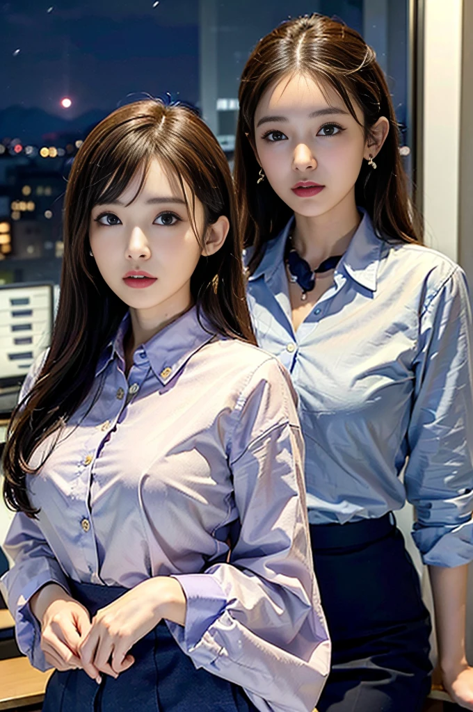 (Highest quality、Realistic、masterpiece:1.3)、double eyelid、Detailed eyes、完璧な姿の美しいwoman:1.4、male1、woman1people、(Office at night:1.5)、Men and women having affairs、Young Office Lady、(Elderly boss)、Small breasts、Night view from the window、