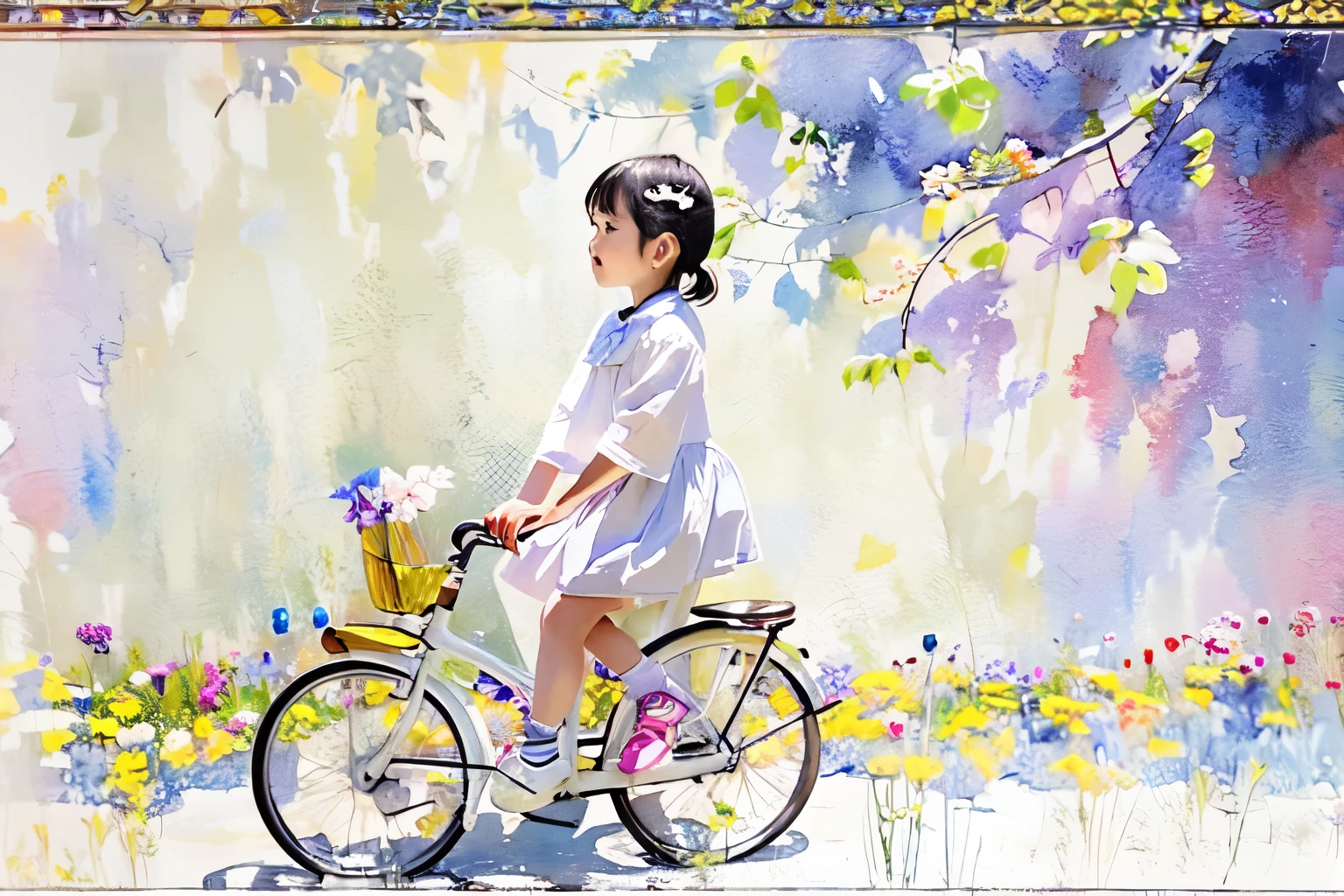 (Highest quality、masterpiece)、(5  girl、ride a bicycle、Children's bicycles、alone、whole)、(From the side)、(Cute Face)、short hair、White clothes、shoes、 (Assisting Dad)、(No background)、White Background、Blur the background、(Watercolor of singer Sargent)、Impressionist style painting、