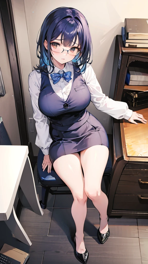 Misako, grey mini rock, white shirt, grey jacket, black stockings, high heels, adult, 35 years old, beautiful women, blue hair, office, glasses, brown eyes, beautiful brown eyes, strict gaze, serious expression,slim body, clipboard in hands, masterpiece, antique office background, bookshelves,