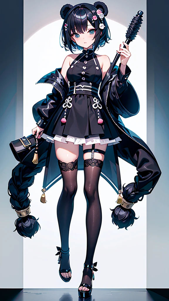 (gray background)(masterpiece) ultra-detailed solo 1girl hands on sides medium breasts, (full body standing)