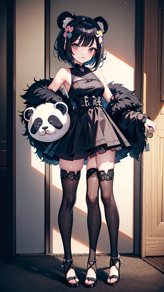Masterpiece, best quality, high quality, ultra detailed, master-piece, hyper quality, hyper detailed, perfect drawing, Black bob hair with curled ends、short-hair、Kawaii Girl、cute panda costume,((full body))