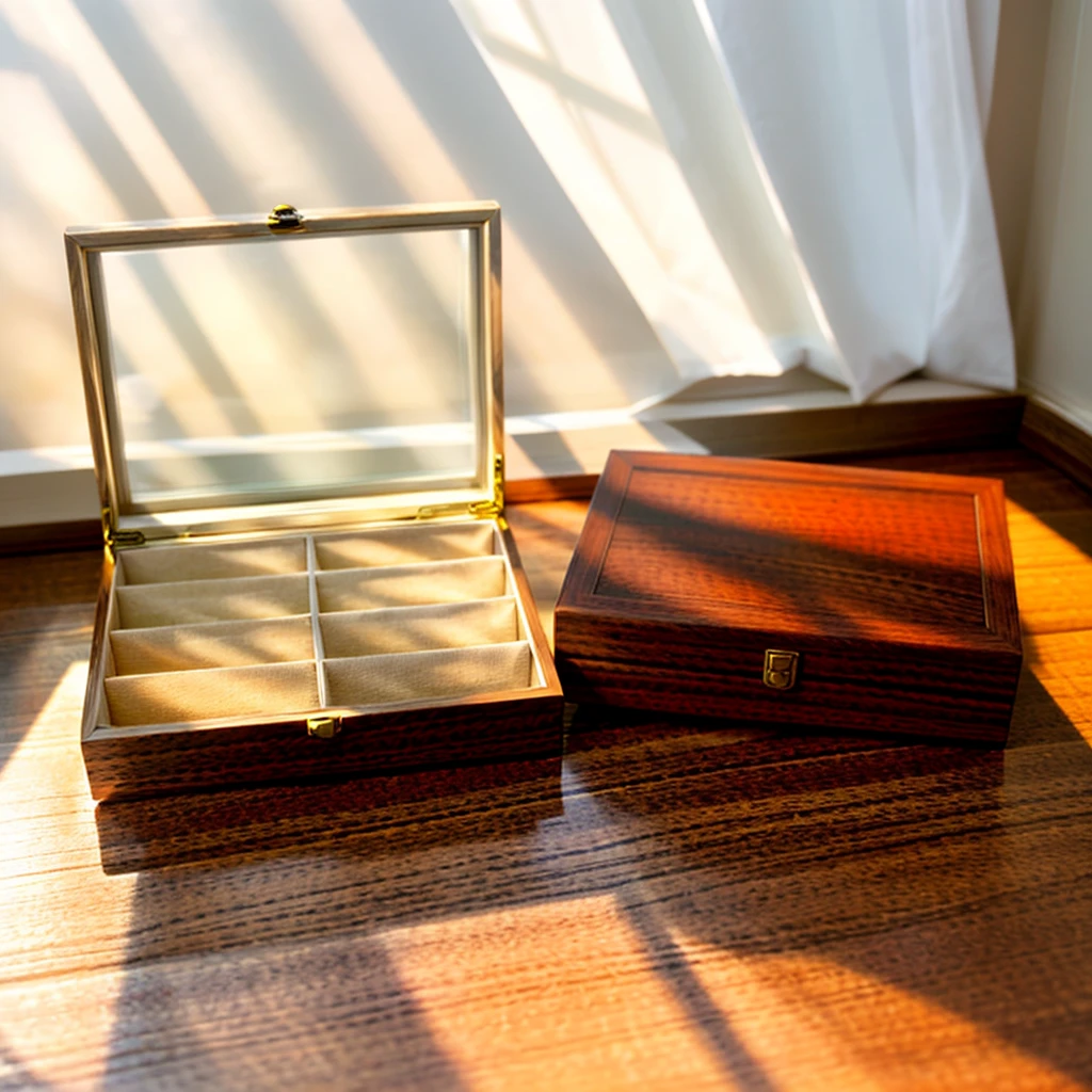 In this cozy room，A ray of sunlight shone through the half-drawn curtains on the table，Let the wood grain on the watch storage box shine with a faint luster。There was a calm and peaceful atmosphere in the air around them。There are several still lifes hanging on the walls of the room，It adds a touch of elegance to the space。And on the other side of the room，The half-open window lets in the breeze，The pages on the small desk by the window turned in the wind，This quiet scene gives a sense of tranquility and comfort。Soft sunlight falls on the box，Make its surface appear faintly shadowed。These shades make the texture of the box richer，More three-dimensional。The shadow of the box contrasts sharply with its surroundings，It also shows the delicacy and texture of the watch storage box。