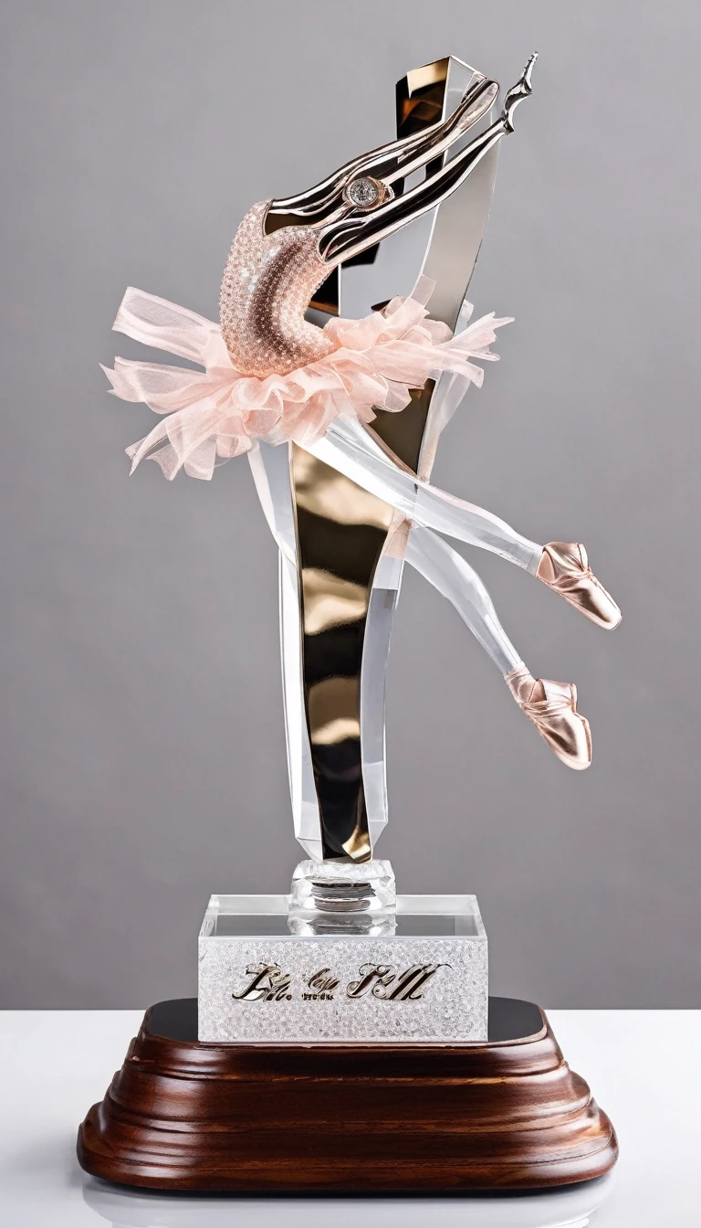 A crystal trophy made of a pair of ballet shoes，Wooden square base，There is a metal nameplate on the base；Dance shoes staggered rise，Ribbon embellishment。White background。Front view。