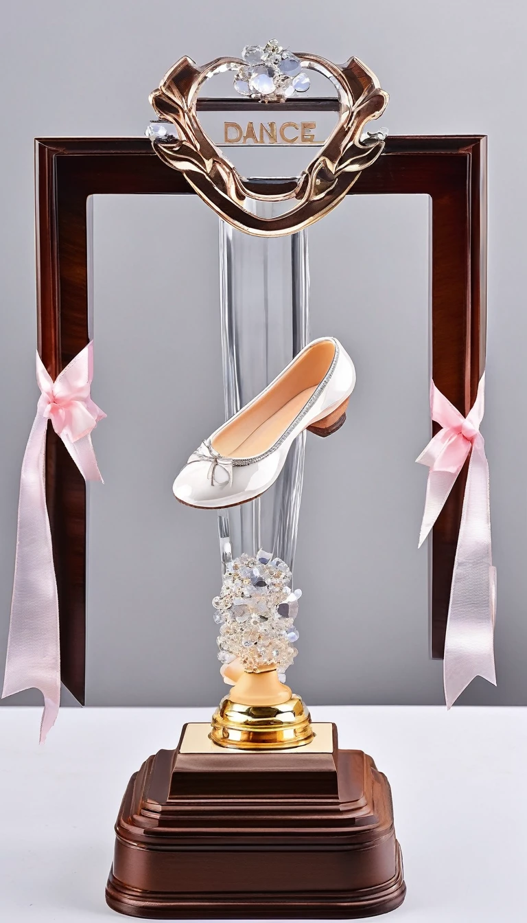 A crystal trophy made of a pair of ballet shoes,Wooden square base,There is a metal nameplate on the base;Dance shoes staggered rise,Ribbon embellishment。White background。Front view。