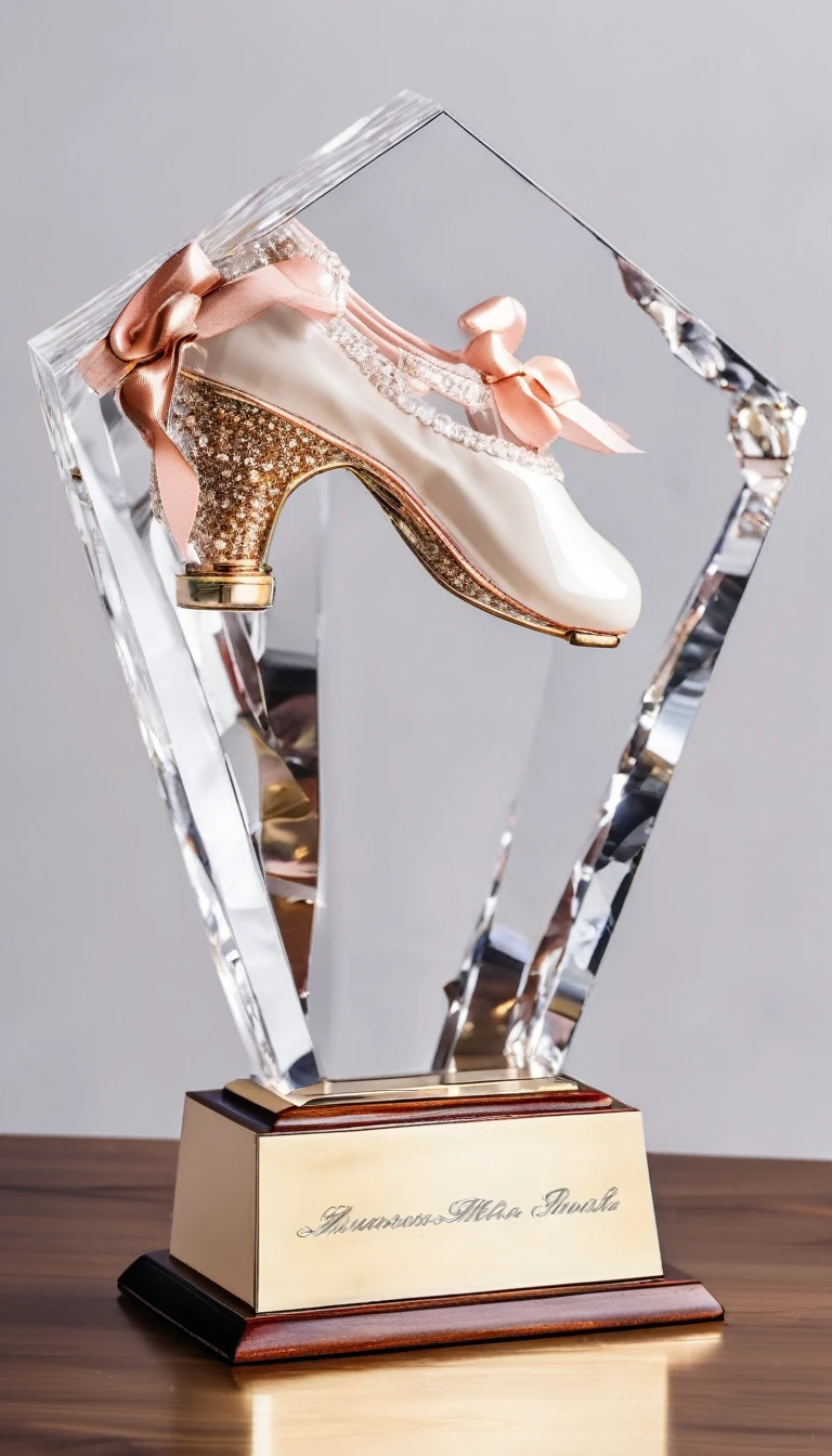 A crystal trophy made of a pair of ballet shoes，Wooden square base，There is a metal nameplate on the base；Dance shoes staggered rise，Ribbon embellishment。White background。Front view。