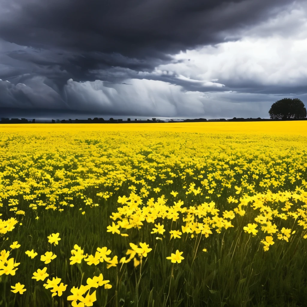 arafed view of a field of yellow flowers with a dark sky, a picture by Gerard Soest, flickr, color field, beautiful and ominous, bad weather approaching, vibrant but dreary gold, against a stormy sky, ominous beautiful mood, ominous photo, stormy day, yellow and greens, storm in the distance, storm in distance, yellow and green