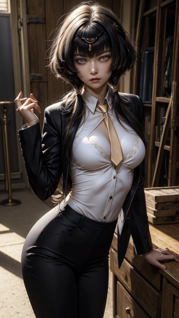 (masterpiece, best quality, detailed), 1girl androgynous , solo, looking at viewer, candace, (pale skin, white-skinned girl androgynous 1.3),  no breasts, short hair with long locks, sidelocks, long hair, ((heterochromia)),
pant suit, suit, formal, white short, white Tights , necktie, white pull, basement, (black:1.5), dimly lit, ojou-sama pose, she has an indifferent expression 