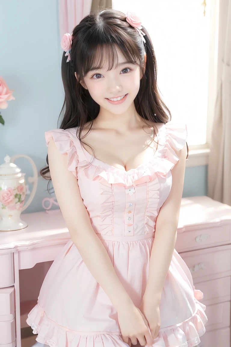 (highest quality、masterpiece、8k、Best image quality、Hyperrealism、Award-winning works)、One Lolita girl、(alone:1.1)、(1 photo:1.1)、(Cute and girly light pink ruffled open chest lolita dress:1.2)、Girly lace decoration、Cute frilly decoration、Cute wavy hair、(Low length:1.1)、(height: 140cm:1.1)、(Big Breasts:1.3)、(Cleavage:1.3)、(Cute heart ornament:1.1)、Lots of cute frills、Big pretty ribbon、Accentuate your body lines、Slender body、(Intricate Lolita room background with lots of pastel colored furniture:1.1)、(Light blue and light pink lolita dream room:1.1)、(Lots of cute pastel-colored furniture:1.2)、(A cute light blue chest of drawers:1.2)、(Cute light blue desk:1.2)、(Cute light pink dressing table:1.3)、(Lots of cute furniture, Perfectly organized:1.1)、(Cute girly curtains in pastel colors:1.1)、(very bright and vivid:1.1)、(Beautiful walls with cute decorations in pastel colors:1.1)、Blurred Background、Standing gracefully in the center of the room、Accurate anatomy、Perfect Makeup、Long eyelashes、Glossy Lips、Ultra HD glossy skin、(Ultra-high resolution, bright and beautiful skin:1.2)、超高精細のGlossy Lips、Ultra-high resolution beautiful teeth、(Voluptuous body:1.1)、Cute heart symbol、wide々Stylish Lolita Room、(Rose vase:1.1)