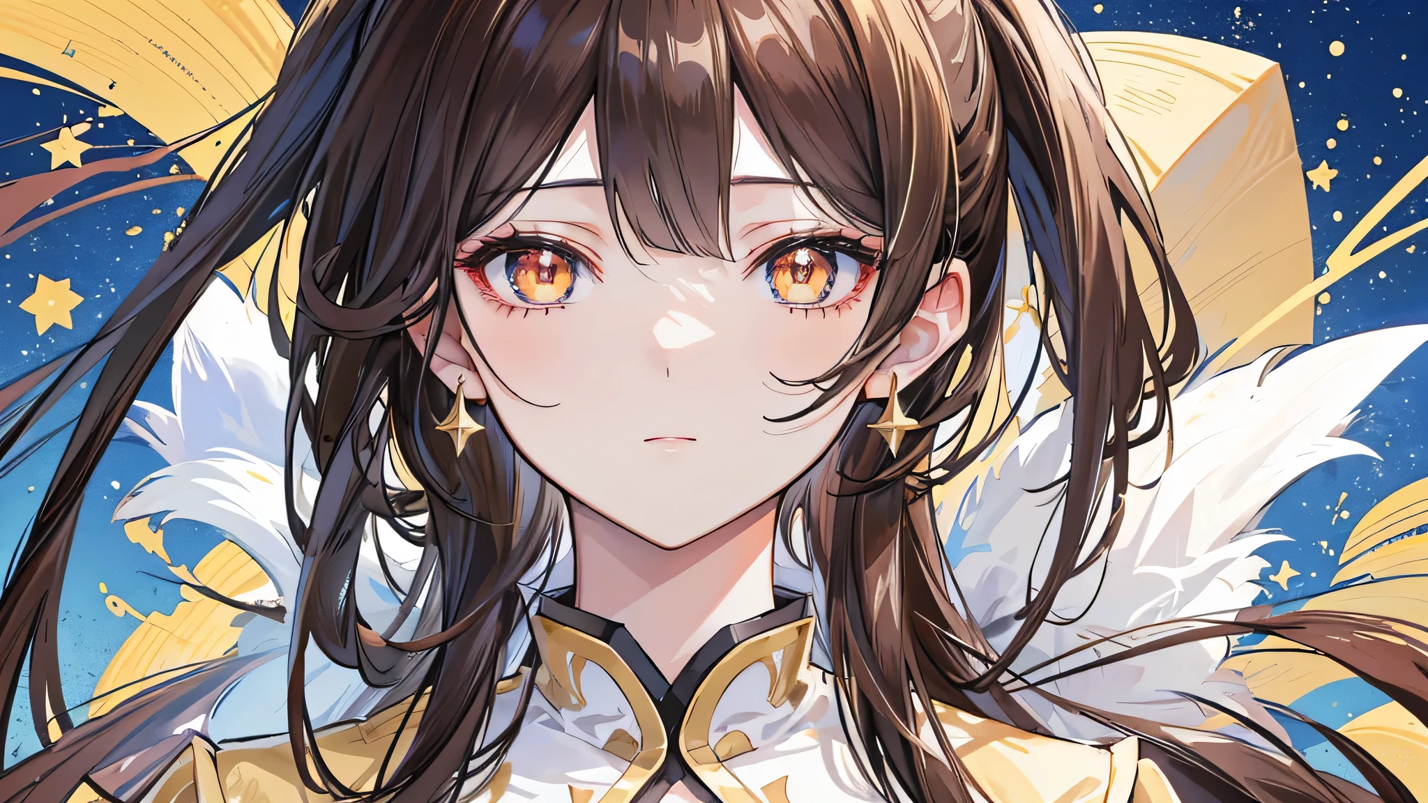 ((Anime Woman)),(gold colored hanfu clothing),( ( golden colored in the right eye) ) ( (dark gray eye in the left eye) ) ( ( star-shaped pupil in the left eye) ), ( ( dark brown hair in the half right side of hair) ), ( (light brown hair in the half left side of hair ) ), ( (split dyed hair ) ) Cangcang, style of anime4 K, detailed portrait of an anime woman, a beautiful anime portrait, Stunning anime face portrait, portrait anime woman,, 4K anime wallpaper, Anime art wallpaper 8 K, Portrait of an anime woman, star shaped eye pupil, white colored eye pupil