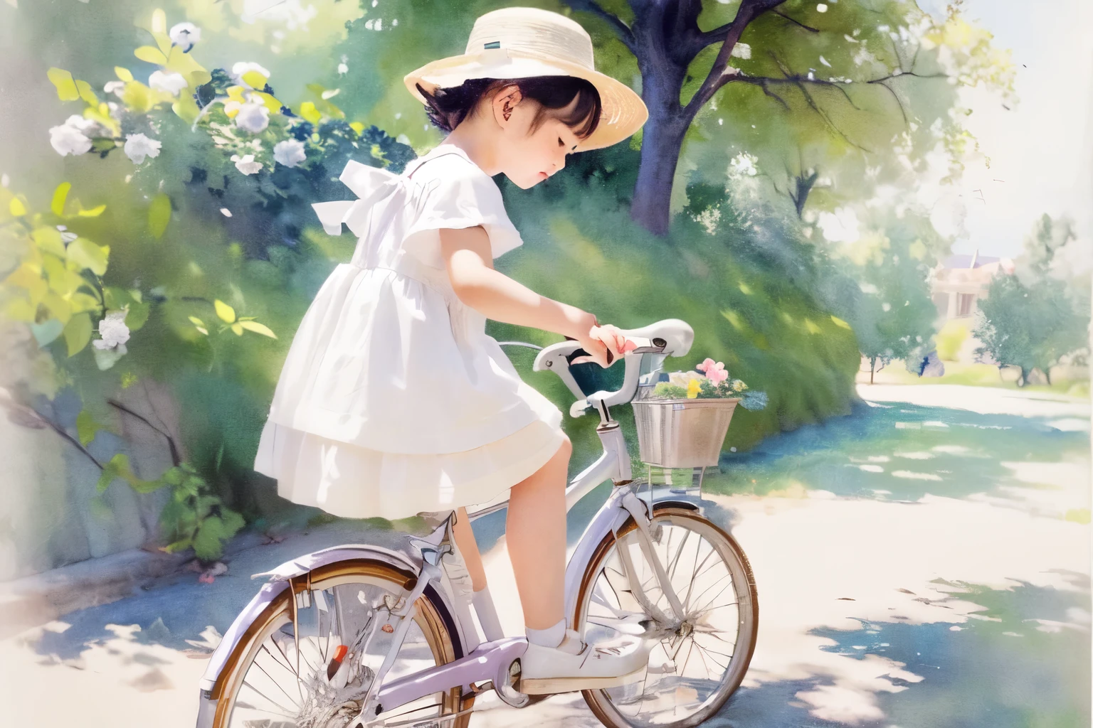 (highest quality、masterpiece)、(5 year old girl、ride a bicycle、Children's bicycles、alone、whole)、 (Assisting Dad)、(From the side)、(Cute Face)、short hair、White clothes、shoes、(No background)、White Background、Blur the background、(Watercolor of singer Sargent)、Impressionist style painting、