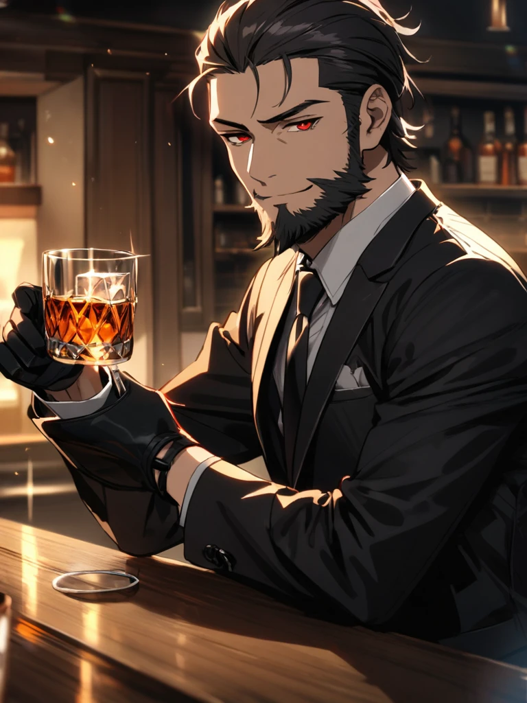 (40-year-old man with dark hair and beard)、red eyes,Long sleeve black suit、BREAK,Black leather gloves that cover only the hands、BREAK,White shirt:0.7、BREAK,sharp eyes,Long black hair slicked back、(masterpiece)、(absurdres)、(ultra detailed)、athletic、half-closed eyes,Toasting with whiskey glasses、cowboy shot,serious,smile,kind、Bar table、sparkle soft lighting,