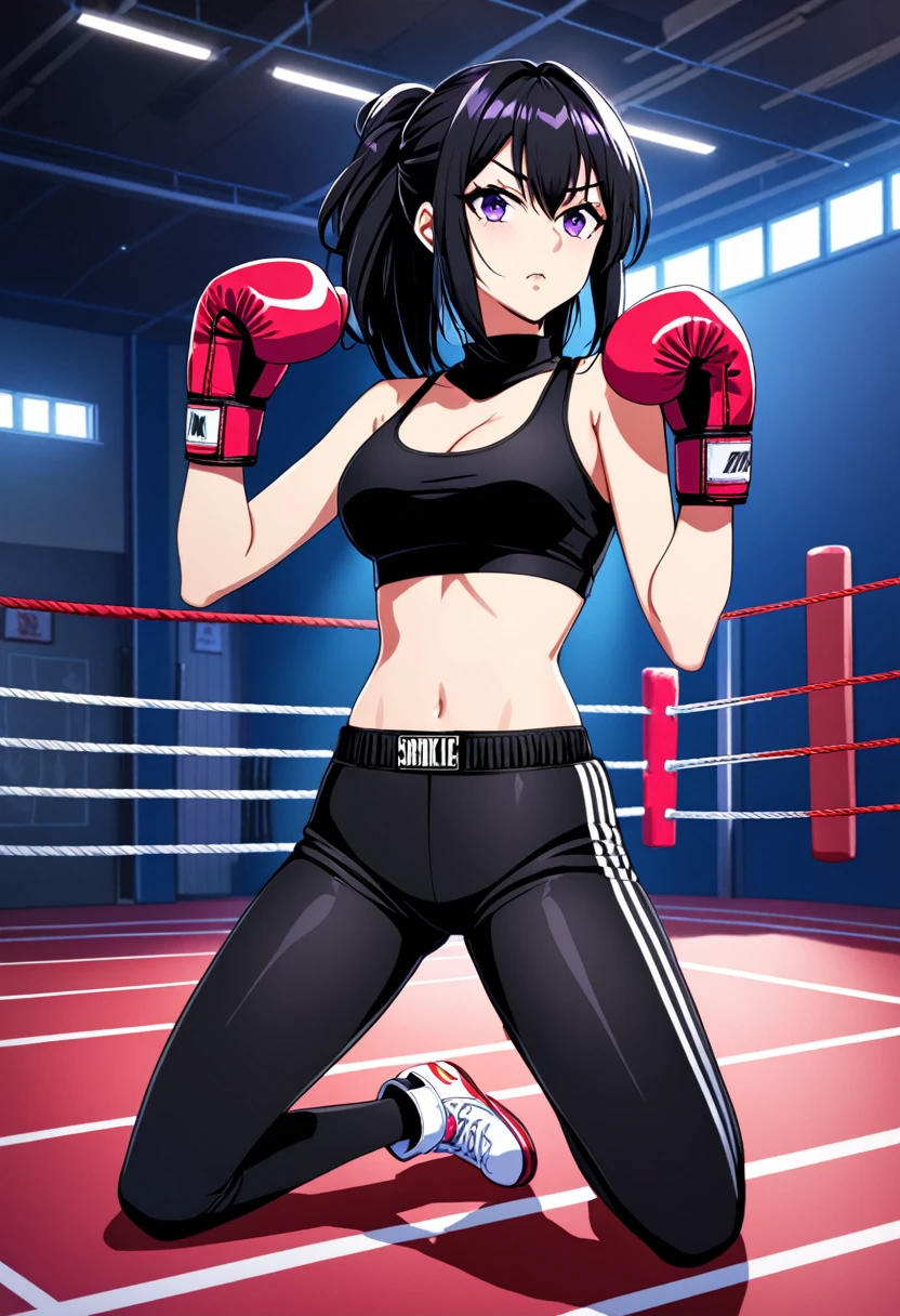 2D anime picture, (anime style 1), single female arrogant boxer, 20 years old, sadistic, Japanese, beautiful long black hairstyle, lush breasts, in black high neck crop top, in black leggings, in violet boxing gloves стоит возле боксёрском ринге, in empty gym, night