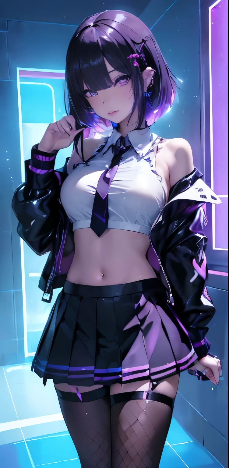 (masterpiece, highest quality, highest quality, official art, beautiful and aesthetic:1.2), (2 girls:1.8), Cinematic lighting、(Key light at 45 degrees from the front,Orange fill light、Soft blue backlight、Strong shadows、blue and orange color palette), accurate human body、detailed person、Correct five-finger、RAW photo、 4K - ultra-vivid、highest quality, masterpiece, ultra high resolution, (reality: 1.4),
(((oil skin,sparkling skin、realistic skin texture、detailed beautiful skin、shiny skin、shiny skin)))、
upper body shot, camera angle is low, Depth of the bounds written, Focus on the center, fine eyes, perfect face and eyes、
1 girl、
, (Goth Makeup), (white skin), (T-shirt and skirt), (Show below ), (Fishnet tights), (belly button jewelry), (pierced ears), (Pierced Lips), /purple eyes/, /Short black emo hair/, (big breasts), (8K), (wallpaper), (dynamic lighting), (detailed face and eyes:1.2)、short skirt、Thick-soled low-cut boots and large shirts、off shoulder, / 1 Girl、/Jet black hair/、(((/black and purple super shiny latex panties/)))、((( /black skin/ , /White shirt with tie/ , high school girl、pleated skirt , oil skin)))、(shiny body: 1.5)、 please be shy、(Ahegao:1.5)、((/black mask/))、full of embarrassment、sexy pose、((vapor))、/break/, Love hotel shower room、shower room、neon light、Sparkling bath、(((uv light、/Fluorescent black light lighting/)))、dim room、Desaturation in the room
