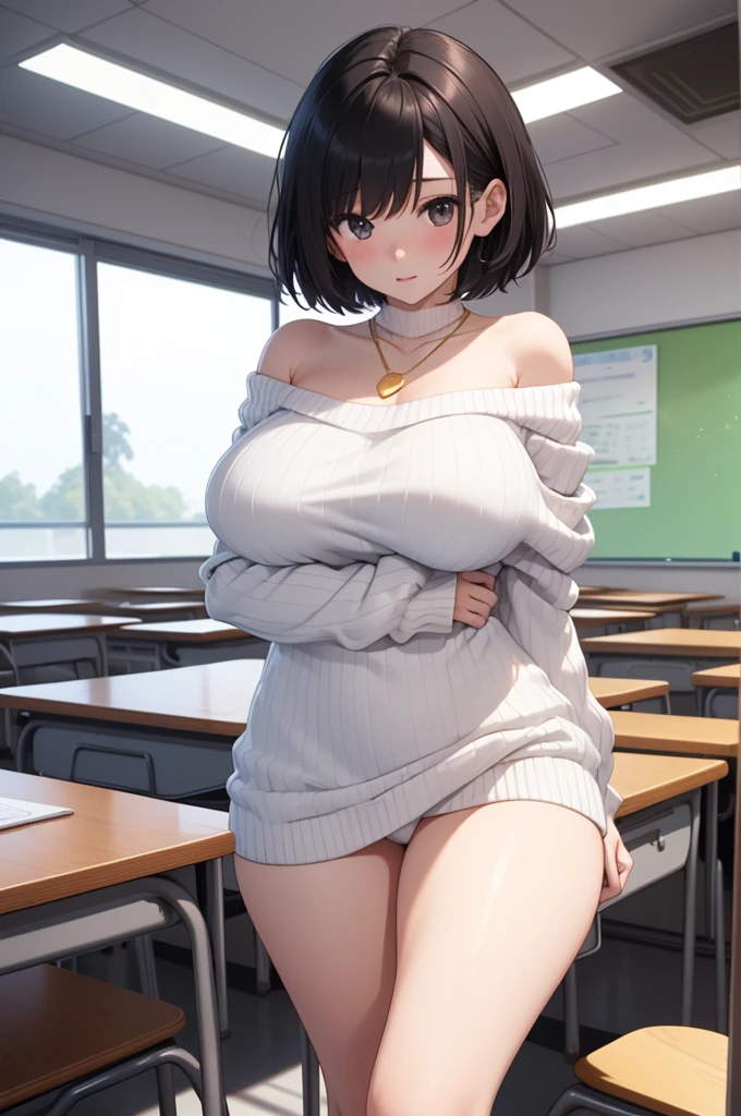 solo、Female college student、(Big Breasts、Big Tits)、(Black Hair、Very Short Hair、Boyish cut)、(White off-shoulder ribbed knit、white long sleeves white、White dress white、White Micro Mini White、White mesh panties)、Gold Necklace、(Bare thighs、Smooth thighs)、Black short boots、Stand with your legs spread wide、University、classroom