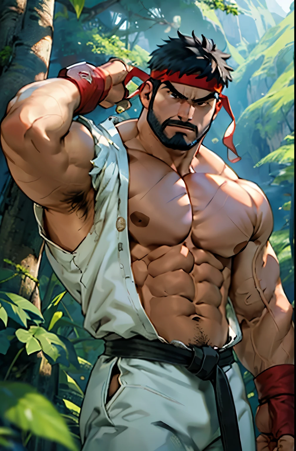 (masutepiece, Best Quality:1.2), Cowboy Shot, Solo, Male Focus, 1boy, Ryu \(nffsw\), Middle Age, Serious, determined face, White skin, Looking at Viewer, Black hair, Thick blackbeard, Detailed face, tall, hunk, muscular, broad shoulder, big physique, wounds, Wearing a large white cedar tree, New White Dougi Shirt, White dogi pants, Red headband, Fingerless gloves,macho,shirtless, detaileds