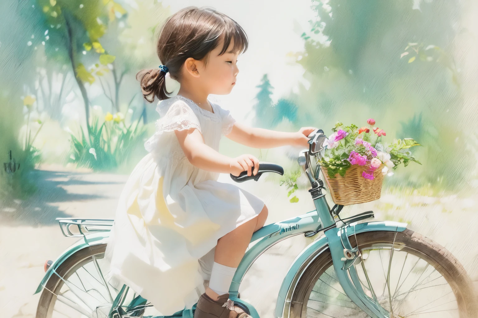 (Highest quality、masterpiece)、(5  girl riding a bicycle)、(Assisting Dad:1.2)、(Children's bicycles、whole)、(From the side)、(Cute Face)、short hair、White clothes、shoes、(No background)、White Background、Blur the background、(Watercolor of singer Sargent)、Impressionist style painting、