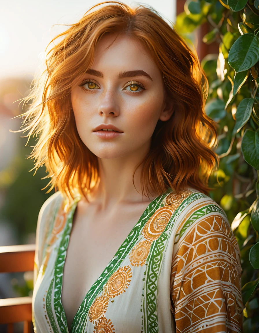 cinematic photo Cinematic image of an 18-year-old copper-haired woman with macroscopic patterns inspired by the sun. Bright hazel eyes. Highlight concentric circles, radiant sun rays and a balcony backdrop, sexy clothing, using a summery palette of warm yellows, oranges and soft greens. I would be. Look for a serene expression and warm, diffuse lighting to emphasize delicate sun-inspired textures. Photorealistic cinema, 8k UHD natural lighting, raw, rich and intricate details, key visual, atmospheric lighting, 35mm photography, film, bokeh, professional, 4k, highly detailed. Shallow depth of field, vignette, highly detailed, high budget, bokeh, cinemascope, vibrant, epic, gorgeous, film grain, grainy, cinematic photorealistic, 8k uhd natural lighting, raw, rich and intricate details, key visual, atmospheric lighting, 35mm photography, film, bokeh, professional, 4k, highly detailed, cinematic, colorful background, concept art, 8k, dramatic lighting, high detail, highly detailed, hyper realistic, intricate, intricate sharp details, octane rendering, soft, lighting study, trend in artstation. . 35 mm photography, film, bokeh, professional, 4k, very detailed, brown skin color